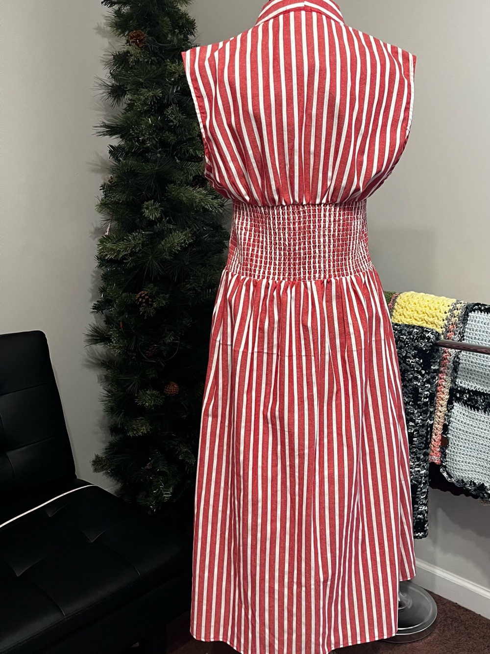 Red and White Striped Sleeveless Dress with Front Zip - Picture 2 of 8